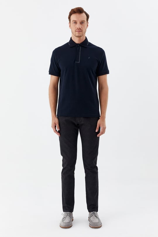 Lacivert %100 Pamuk Gizli Fermuarlı Polo Yaka T-shirt 
