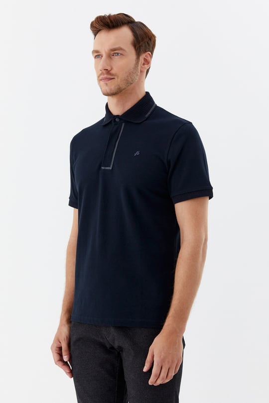 Lacivert %100 Pamuk Gizli Fermuarlı Polo Yaka T-shirt 