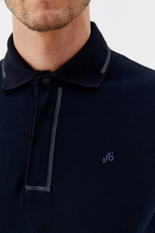 Lacivert %100 Pamuk Gizli Fermuarlı Polo Yaka T-shirt 