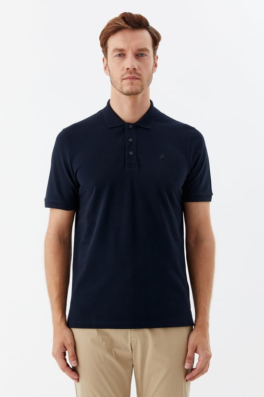 Lacivert %100 Pamuk Patlı Polo Yaka  Regular Fit T-Shirt 