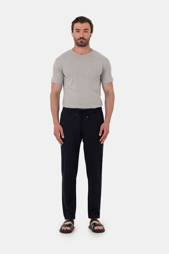Lacivert Dokulu Arka Lastikli Köprü Kemerli Bağcıklı Slim Fit Jogger Pantolon