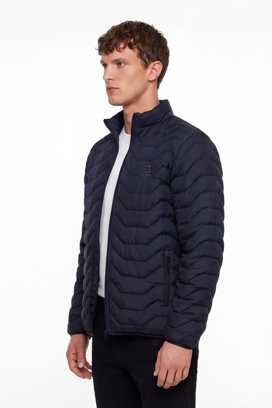 Lacivert Slim Fit Fermuarlı Dik Yaka Kapüşonsuz Mont
