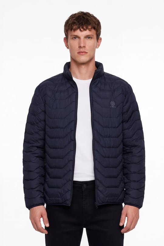 Lacivert Slim Fit Fermuarlı Dik Yaka Kapüşonsuz Mont