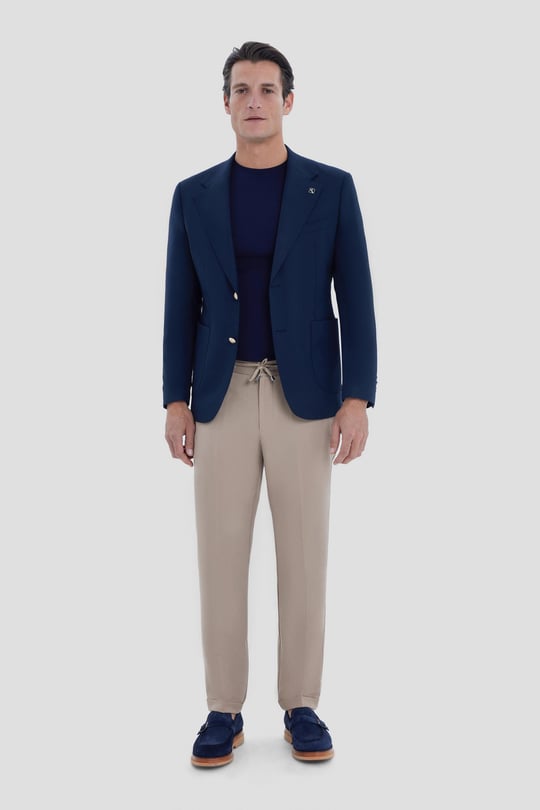 Erkek Lacivert Dar Kesim Slim Fit Viskon Çift Yırtmaçlı Torba Cep Tam Astarlı Mono Yaka 6 Drop Casual Ceket