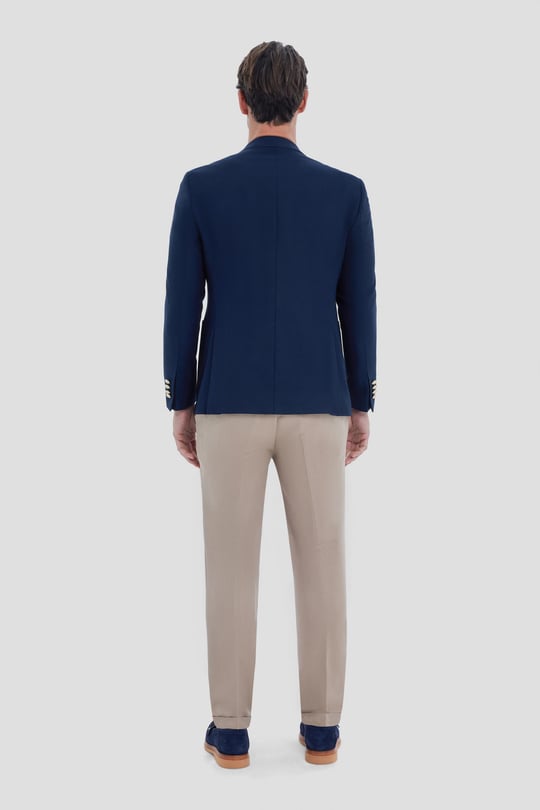 Erkek Lacivert Dar Kesim Slim Fit Viskon Çift Yırtmaçlı Torba Cep Tam Astarlı Mono Yaka 6 Drop Casual Ceket
