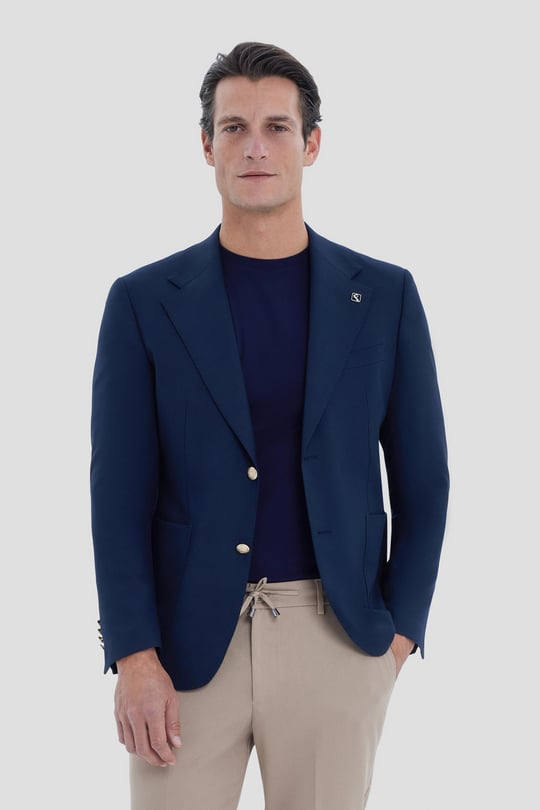 Erkek Lacivert Dar Kesim Slim Fit Viskon Çift Yırtmaçlı Torba Cep Tam Astarlı Mono Yaka 6 Drop Casual Ceket