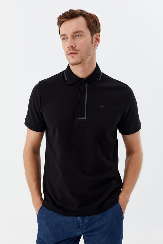 Siyah %100 Pamuk Gizli Fermuarlı Polo Yaka T-shirt 