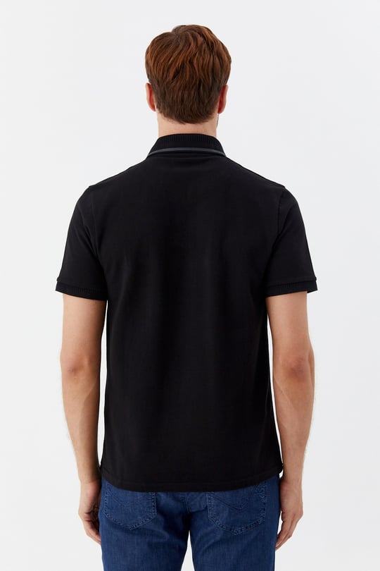 Siyah %100 Pamuk Gizli Fermuarlı Polo Yaka T-shirt 