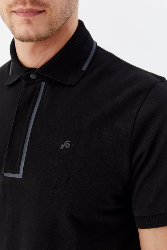 Siyah %100 Pamuk Gizli Fermuarlı Polo Yaka T-shirt 