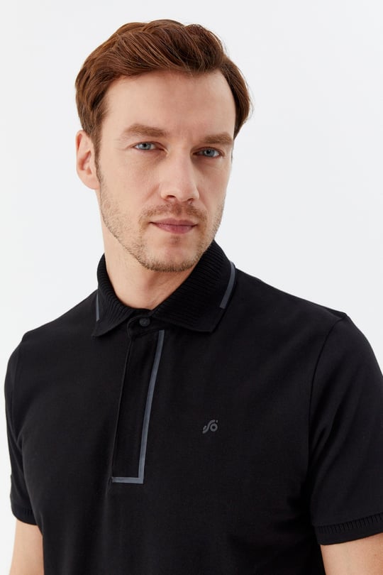 Siyah %100 Pamuk Gizli Fermuarlı Polo Yaka T-shirt 