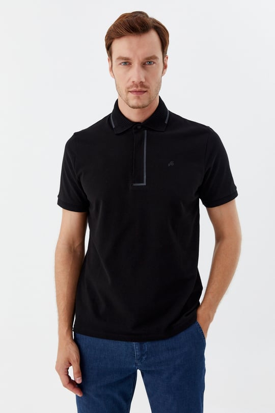 Siyah %100 Pamuk Gizli Fermuarlı Polo Yaka T-shirt 
