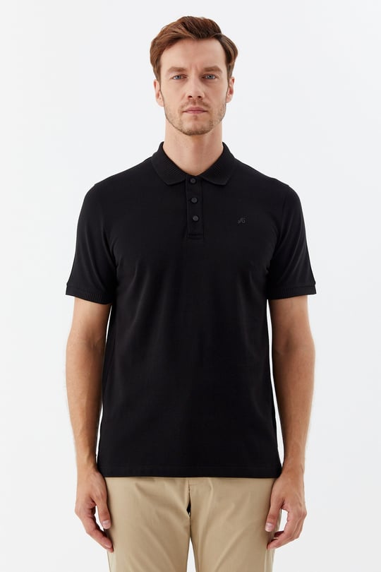 Siyah %100 Pamuk Patlı Polo Yaka Regular Fit T-Shirt 