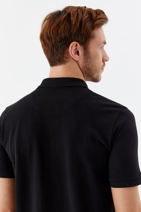 Siyah %100 Pamuk Patlı Polo Yaka Regular Fit T-Shirt 