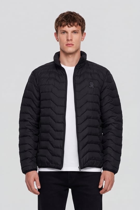 Siyah Slim Fit Fermuarlı Dik Yaka Kapüşonsuz Mont