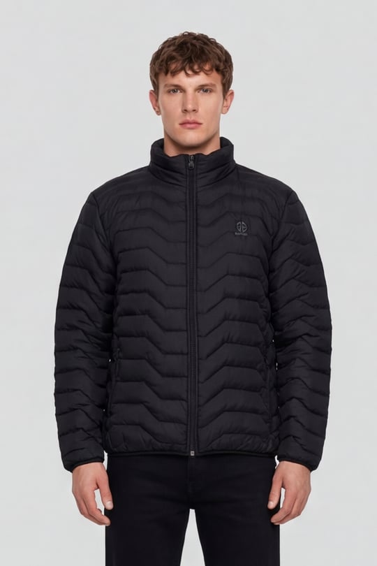 Siyah Slim Fit Fermuarlı Dik Yaka Kapüşonsuz Mont