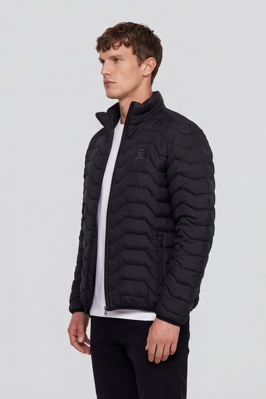 Siyah Slim Fit Fermuarlı Dik Yaka Kapüşonsuz Mont