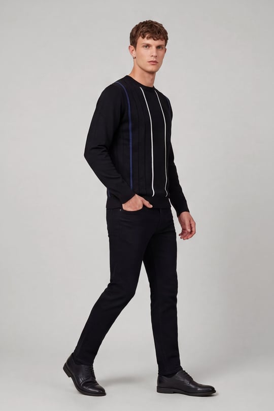 Siyah Regular Fit Yünlü Çizgi Desen Bisiklet Yaka Triko Kazak