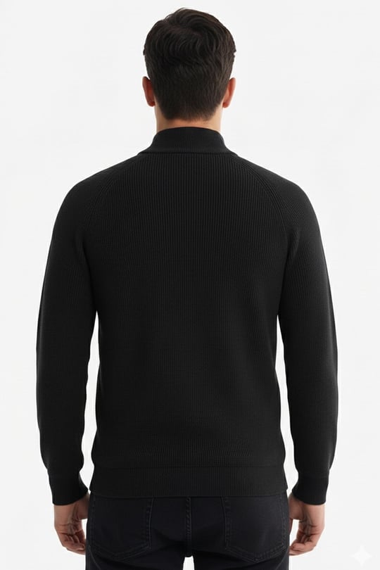 Siyah Slim Fit Fermuarlı Yarım Balıkçı Yaka Triko Kazak