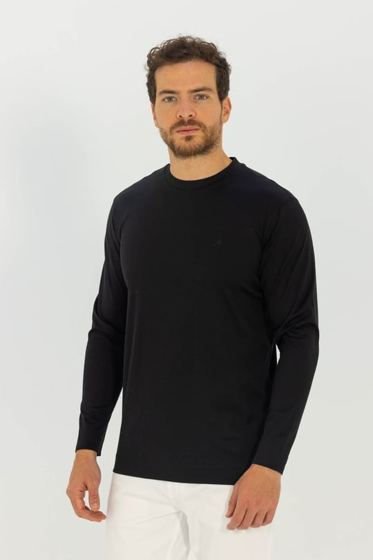 Siyah Bisiklet Yaka %100 Pamuk Sweatshirt