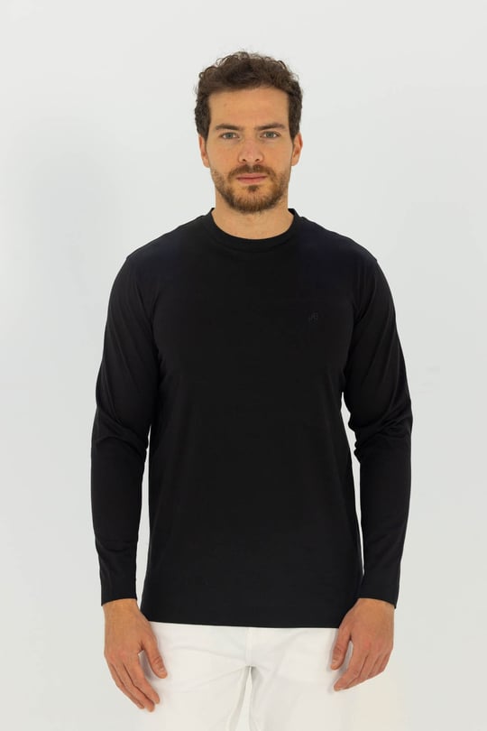 Siyah Bisiklet Yaka %100 Pamuk Sweatshirt