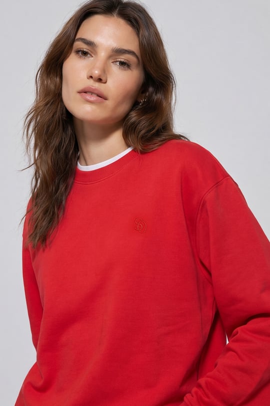 Unisex Kırmızı Regular Fit %100 Pamuk Bisiklet Yaka Sweatshirt