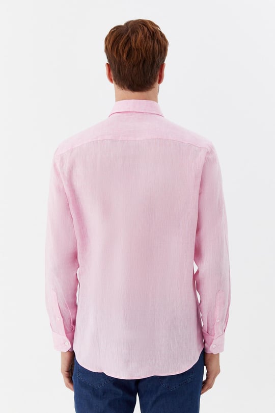 Pembe %100 Keten Regular Fit Uzun Kollu Düğmeli Yaka Gömlek 