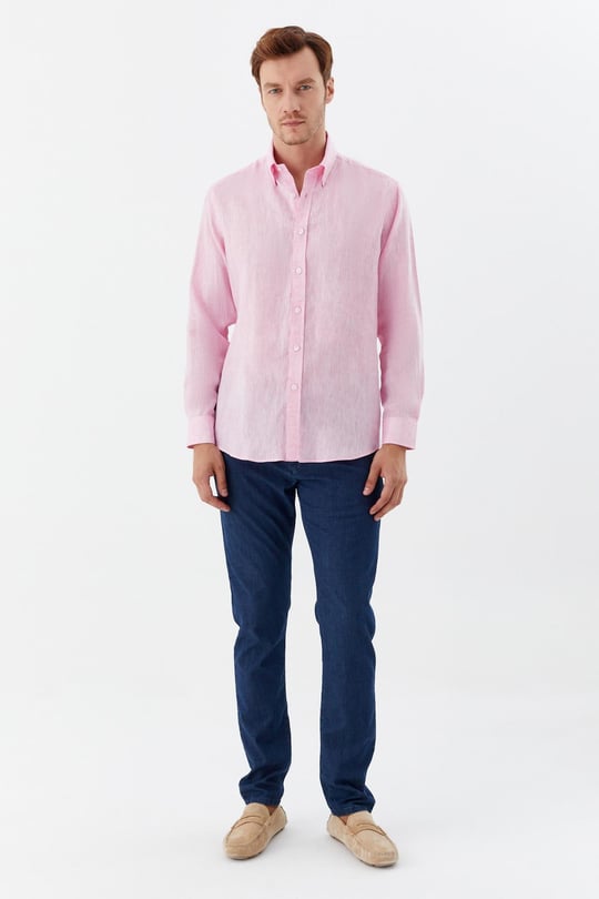 Pembe %100 Keten Regular Fit Uzun Kollu Düğmeli Yaka Gömlek 