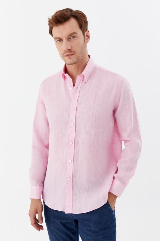 Pembe %100 Keten Regular Fit Uzun Kollu Düğmeli Yaka Gömlek 