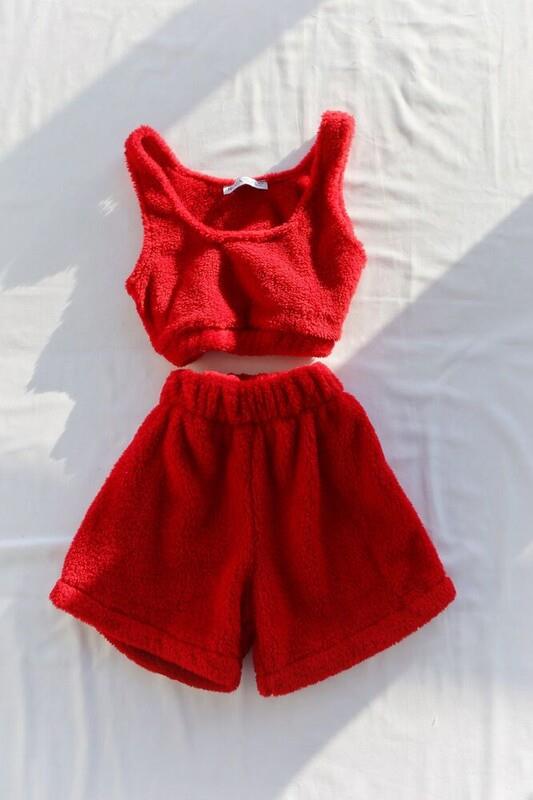 Askılı Beli Lastikli Peluş Şort Takım