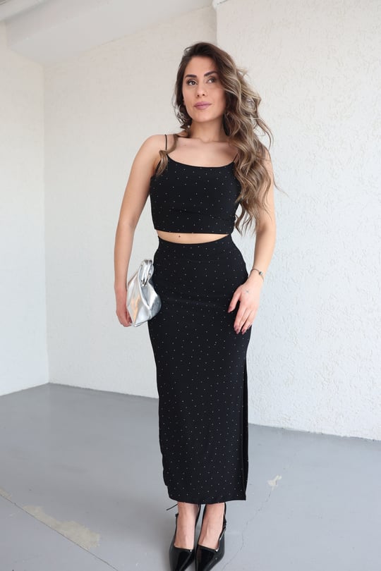 Etekli TakımTaşlı Askılı Crop Etek Takım