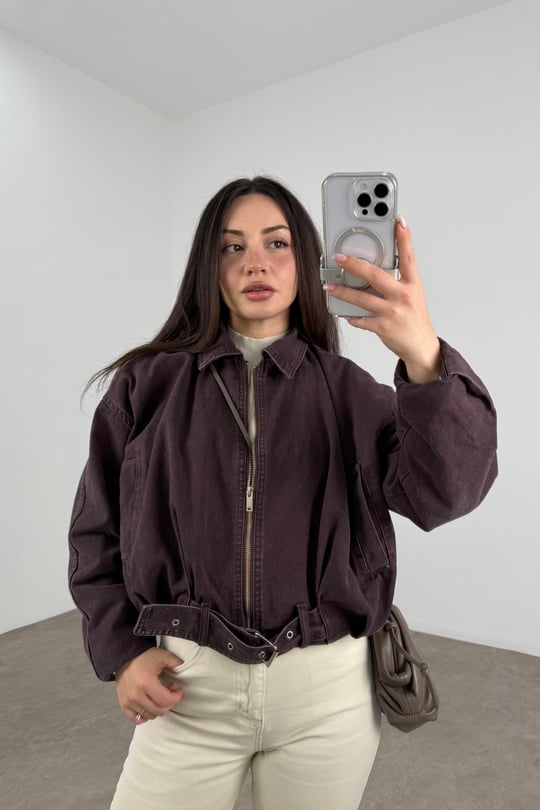 İçi Kürklü Kemerli Kahverengi Denim Mont