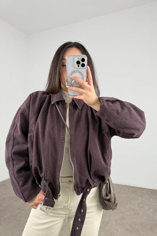 İçi Kürklü Kemerli Kahverengi Denim Mont