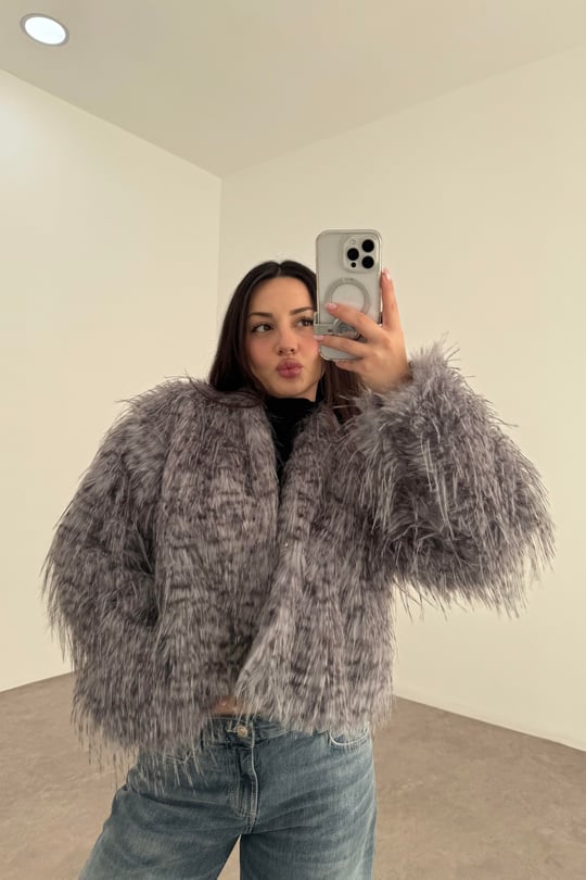 Premium Dik Yakalı Saçaklı Gri Benekli Kürk