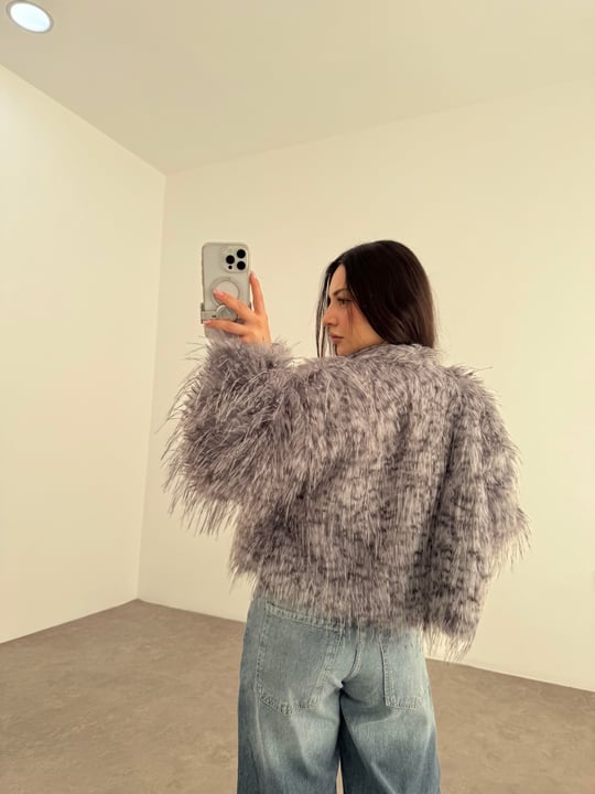 Premium Dik Yakalı Saçaklı Gri Benekli Kürk