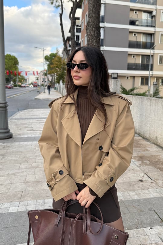 Premium Kalite Vatkalı Camel Trenç Ceket