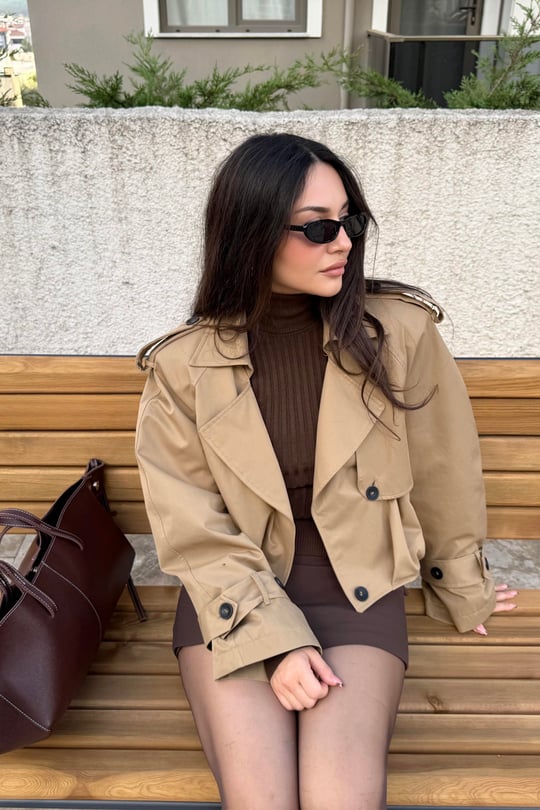 Premium Kalite Vatkalı Camel Trenç Ceket