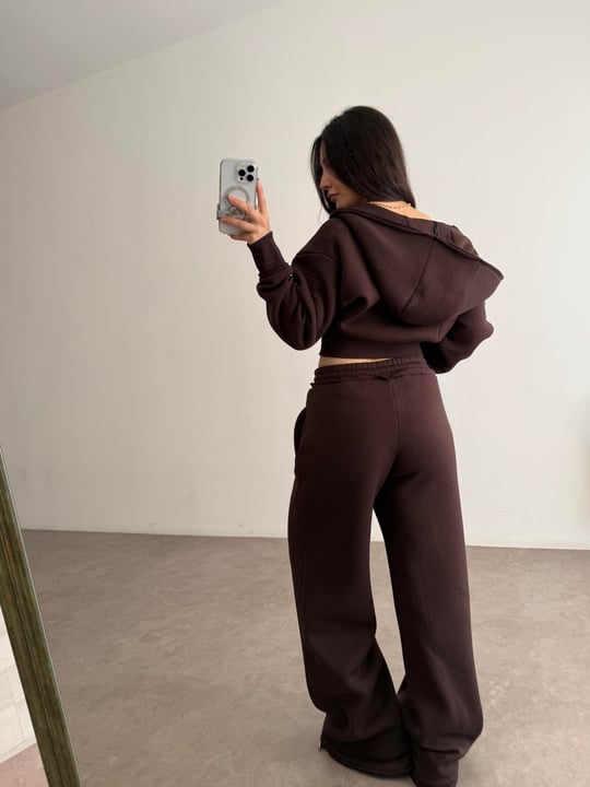 Premium Kısa Ceketli Şardonlu Kahve Eşofman Takımı