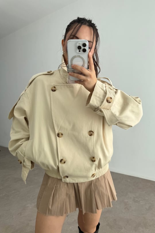 Premium Yakası Kürklü Bomber Ekru Trençkot