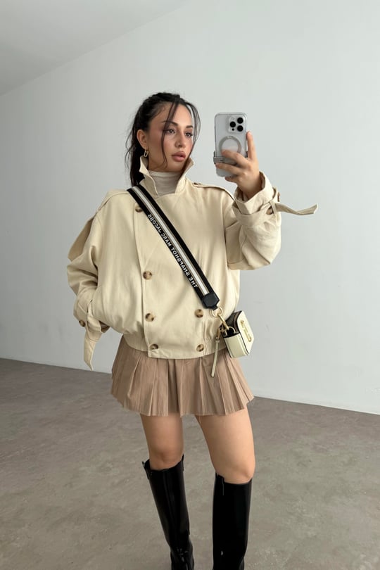 Premium Yakası Kürklü Bomber Ekru Trençkot