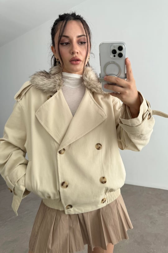 Premium Yakası Kürklü Bomber Ekru Trençkot