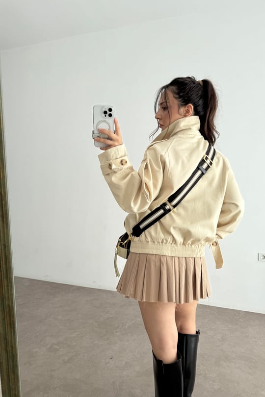 Premium Yakası Kürklü Bomber Ekru Trençkot