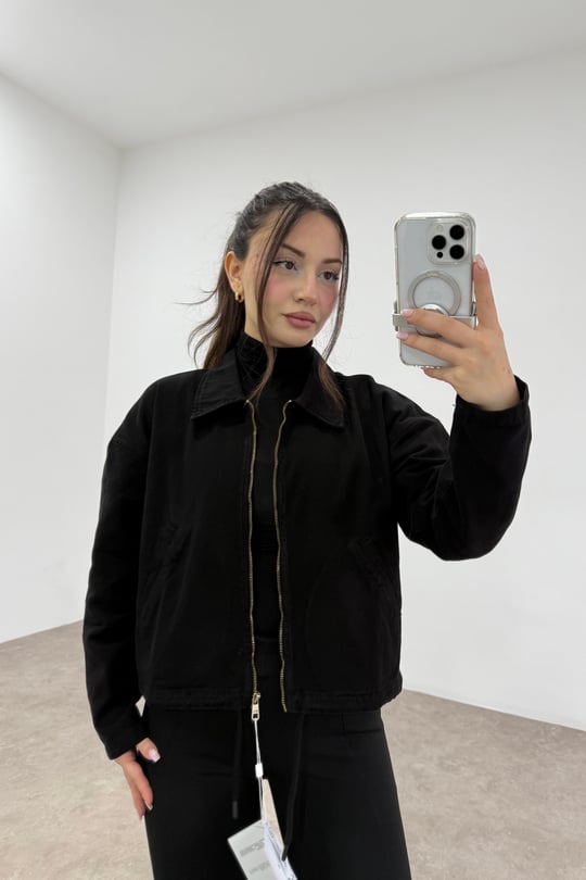 Yakalı Fermuarlı Orj Marka Siyah Denim Ceket