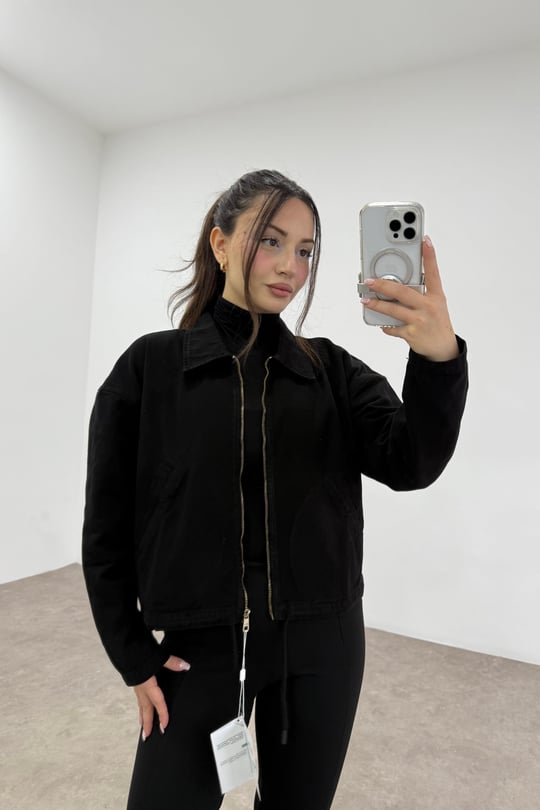 Yakalı Fermuarlı Orj Marka Siyah Denim Ceket