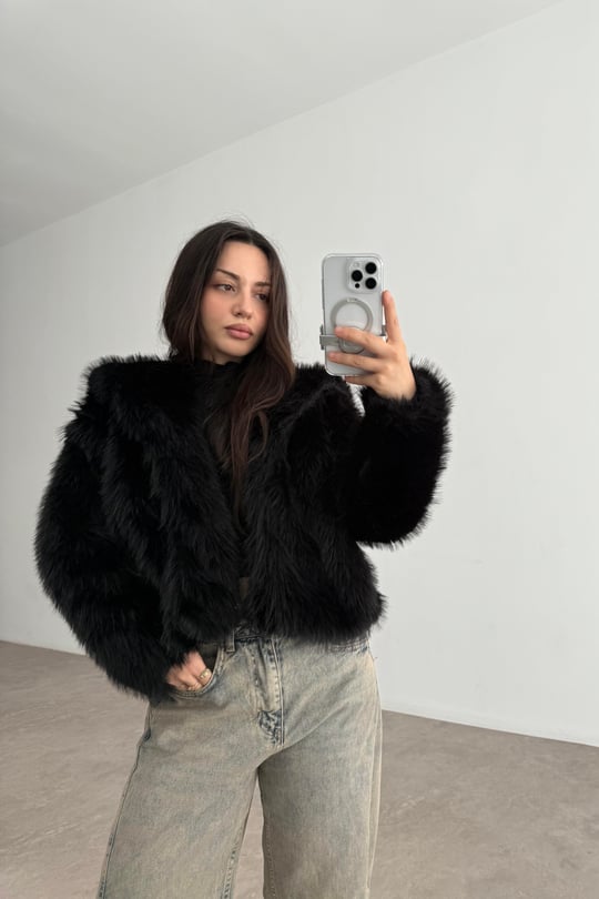 Yakalı Kruvaze Kürk Siyah