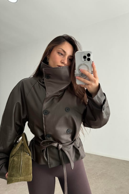 Zr Model Dik Yakalı Deri Acı Kahve Trençkot