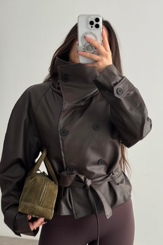 Zr Model Dik Yakalı Deri Acı Kahve Trençkot