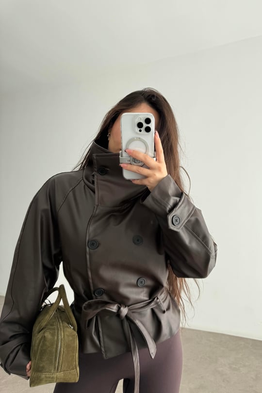 Zr Model Dik Yakalı Deri Acı Kahve Trençkot