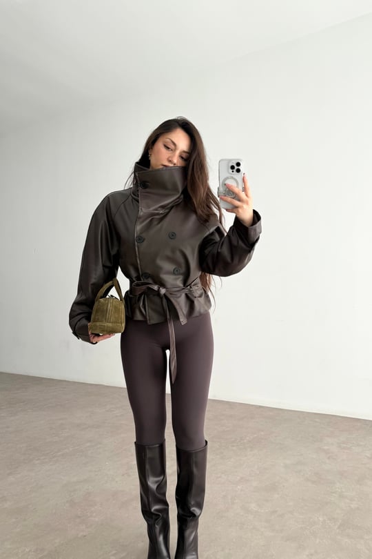 Zr Model Dik Yakalı Deri Acı Kahve Trençkot