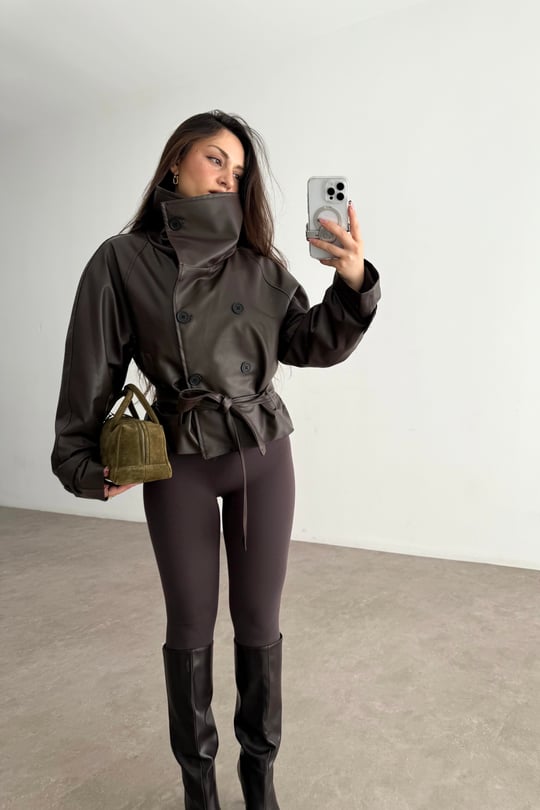 Zr Model Dik Yakalı Deri Acı Kahve Trençkot