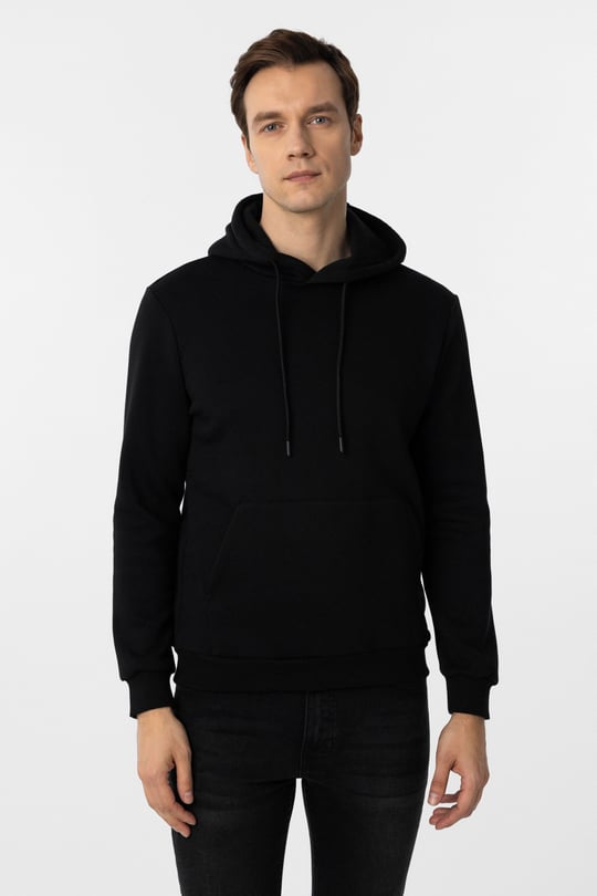 Siyah Regular Düz Kapüşonlu Yaka Sweatshirt
